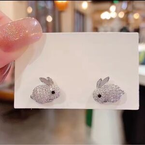 Crystal Bunny Stud Earrings - Silver Sparkle NEW Easter Spring Jewelry